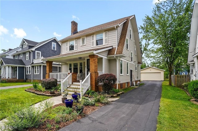 3382 Ormond Rd, Cleveland Heights, OH 44118 - view of front of property featuring a porch, a detached garage, a chimney, an outdoor structure, and a front lawn