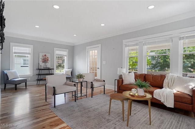 3382 Ormond Rd, Cleveland Heights, OH 44118 - living room featuring healthy amount of natural light, crown molding, light wood-style flooring, and recessed lighting