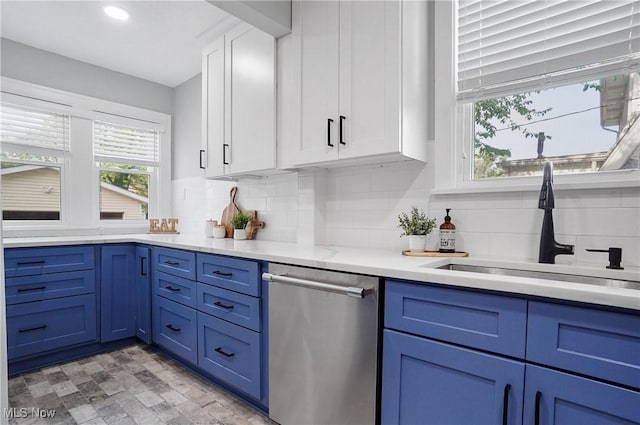 3382 Ormond Rd, Cleveland Heights, OH 44118 - kitchen featuring stainless steel dishwasher, white cabinetry, blue cabinetry, backsplash, and recessed lighting