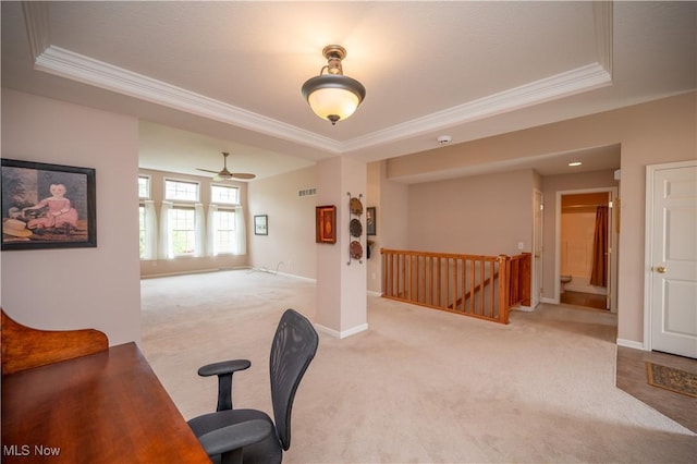 125 Fitch Blvd Unit 263, Austintown, OH 44515 - office area with crown molding, carpet floors, a ceiling fan, and a tray ceiling