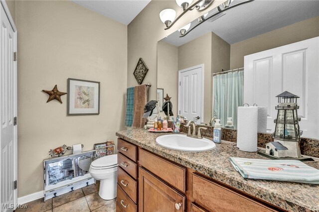 3845 Windsor Bridge Cir, Huron, OH 44839 - bathroom with vanity, tile patterned flooring, curtained shower, and a chandelier