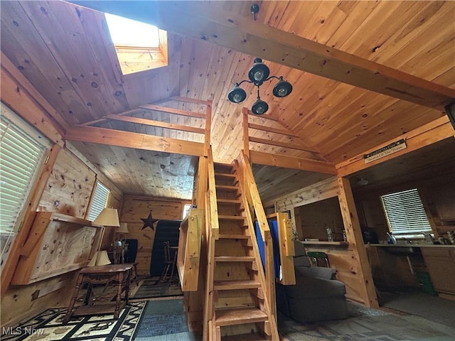 61342 High Hill Rd, Cambridge, OH 43725 - bedroom featuring lofted ceiling, wood ceiling, wooden walls, and a skylight