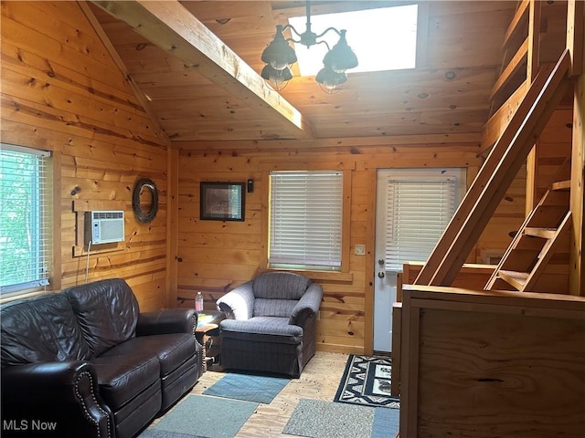 61342 High Hill Rd, Cambridge, OH 43725 - living area featuring a chandelier, wood finished floors, lofted ceiling, wooden walls, and wooden ceiling