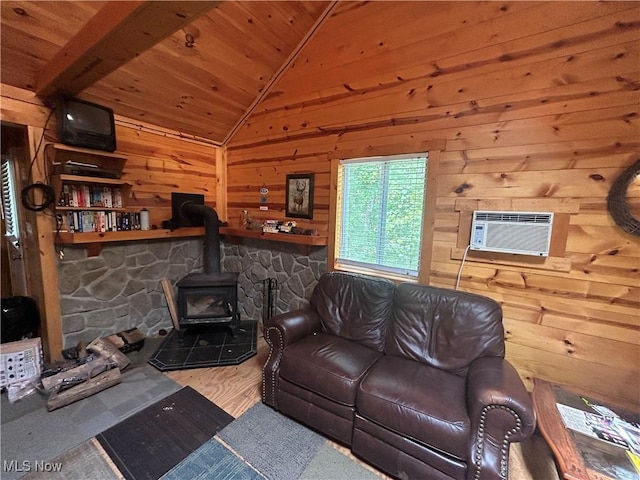 61342 High Hill Rd, Cambridge, OH 43725 - living room featuring vaulted ceiling, a wood stove, wood ceiling, a wall mounted AC, and wood walls
