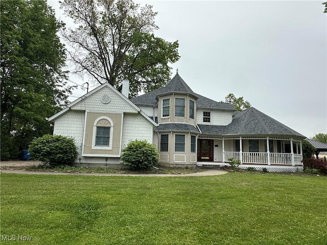 5330 Willow Ln, Sheffield Lake, OH 44054 - victorian house with a porch, a front lawn, a shingled roof, and a chimney