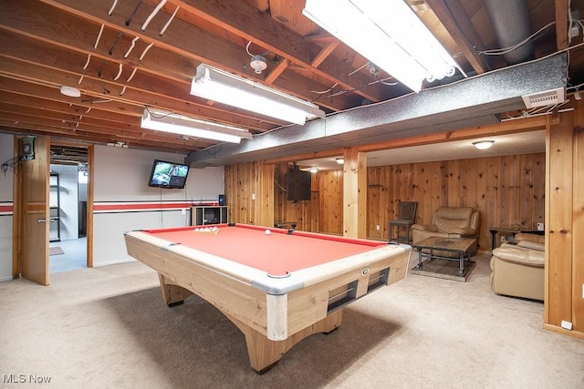 505 Lansing Rd, Akron, OH 44312 - game room featuring carpet floors, billiards table, and wooden walls