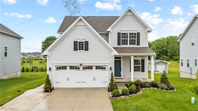 1809 Muirfield Ln, Painesville, OH 44077 - traditional home with a porch, a front yard, concrete driveway, roof with shingles, and a garage