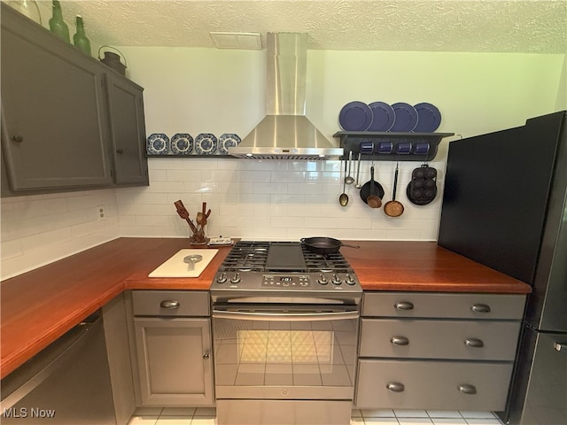 4901 Kings Creek Rd, Weirton, WV 26062 - kitchen featuring wall chimney range hood, appliances with stainless steel finishes, backsplash, gray cabinets, and a textured ceiling