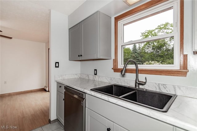 4671 Milford Dr, Perry, OH 44081 - kitchen with stainless steel dishwasher, light countertops, gray cabinetry, and a ceiling fan
