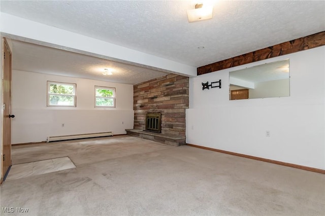 4671 Milford Dr, Perry, OH 44081 - unfurnished living room with baseboard heating, a textured ceiling, carpet floors, a fireplace, and beam ceiling