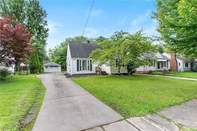 120 Palmetto Ave, Bedford, OH 44146 - view of front facade featuring a garage, an outbuilding, a front yard, and a chimney