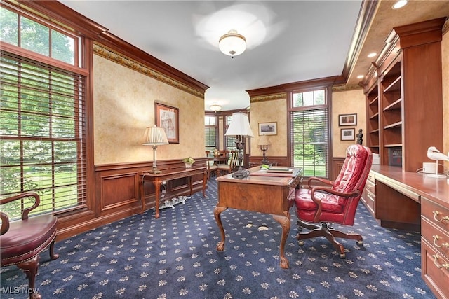 23225 Wingedfoot Dr, Westlake, OH 44145 - office featuring ornamental molding, wainscoting, dark carpet, a decorative wall, and recessed lighting