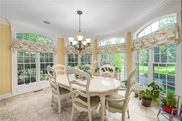23225 Wingedfoot Dr, Westlake, OH 44145 - sunroom / solarium featuring ornamental molding, a chandelier, french doors, and tile patterned floors