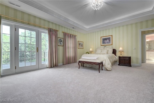 23225 Wingedfoot Dr, Westlake, OH 44145 - carpeted bedroom with wallpapered walls, access to exterior, a raised ceiling, crown molding, and a chandelier