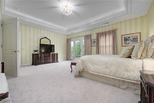 23225 Wingedfoot Dr, Westlake, OH 44145 - bedroom featuring a tray ceiling, wallpapered walls, carpet flooring, ornamental molding, and a chandelier
