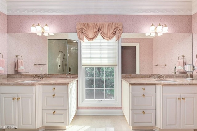 23225 Wingedfoot Dr, Westlake, OH 44145 - bathroom featuring wallpapered walls, a shower stall, and two vanities