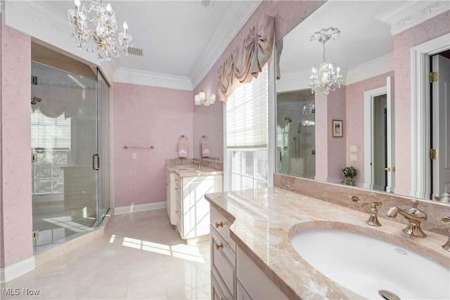 23225 Wingedfoot Dr, Westlake, OH 44145 - full bathroom featuring a chandelier, crown molding, vanity, a shower stall, and tile patterned flooring