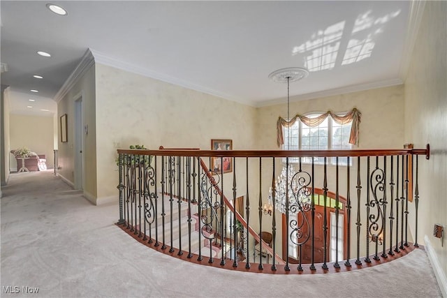 23225 Wingedfoot Dr, Westlake, OH 44145 - corridor with carpet flooring, ornamental molding, and recessed lighting