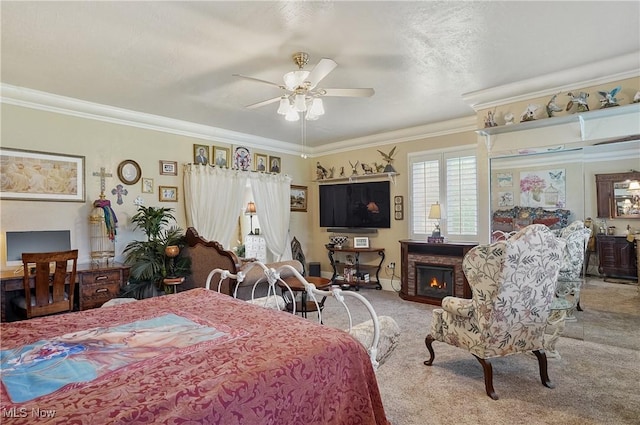 3571 Greenwich Rd, Barberton, OH 44203 - dining space featuring carpet flooring, a ceiling fan, crown molding, and a lit fireplace