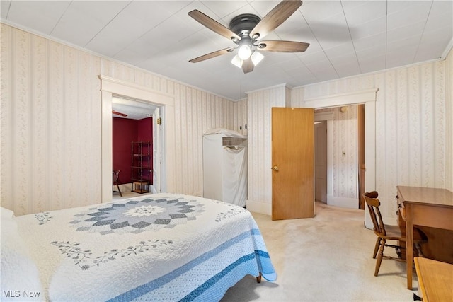 811 E High Ave, New Philadelphia, OH 44663 - carpeted bedroom with wallpapered walls, ornamental molding, and ceiling fan