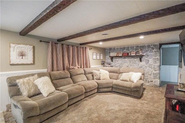 1324 Woodrow St NW, North Canton, OH 44720 - living area with carpet, beam ceiling, and wainscoting