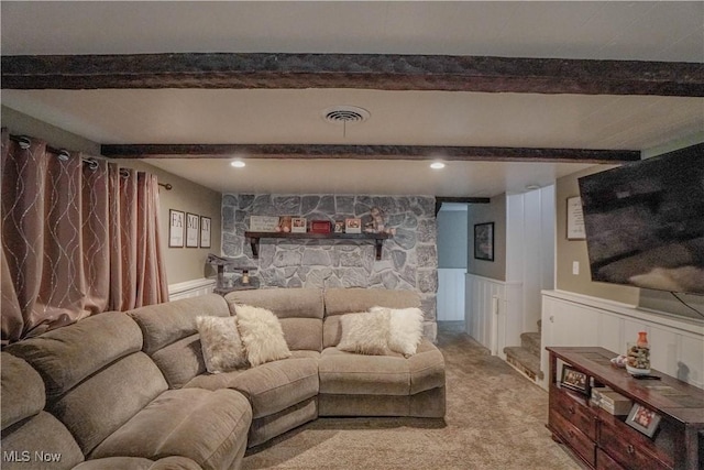 1324 Woodrow St NW, North Canton, OH 44720 - living area featuring beam ceiling, light carpet, wainscoting, and recessed lighting