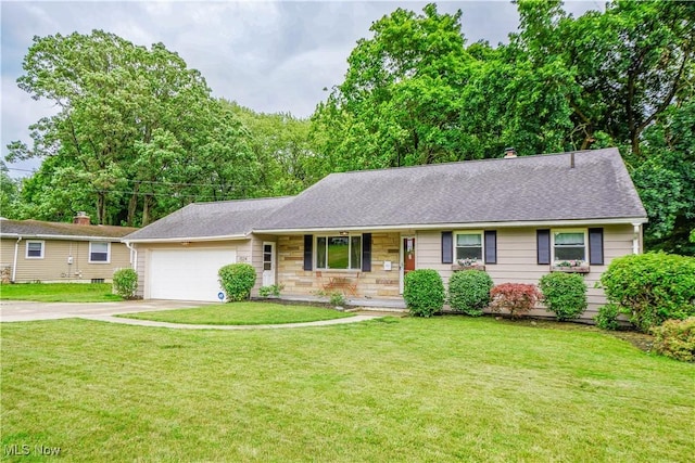 1324 Woodrow St NW, North Canton, OH 44720 - ranch-style house with concrete driveway, an attached garage, a front yard, and a porch