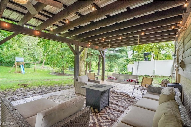 1324 Woodrow St NW, North Canton, OH 44720 - fenced backyard featuring a patio area, a playground, and outdoor lounge area