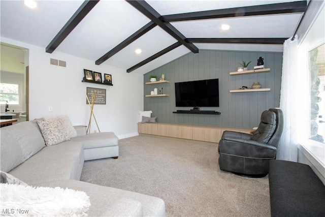 13946 Highview Dr, Dalton, OH 44618 - living room with carpet flooring, wooden walls, and recessed lighting