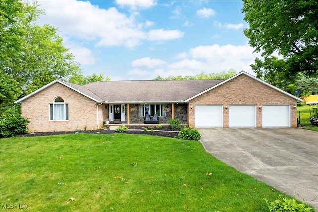 13946 Highview Dr, Dalton, OH 44618 - ranch-style home with an attached garage, a front lawn, covered porch, and driveway