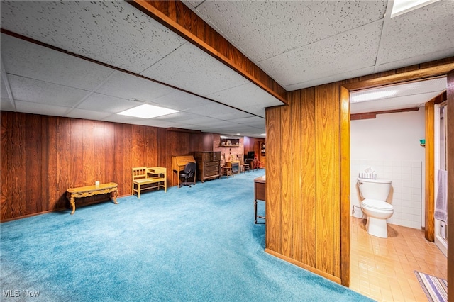30888 Harrison Rd, Wickliffe, OH 44092 - sitting room featuring wood walls, a paneled ceiling, and carpet floors