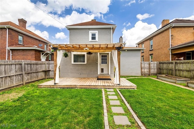 719 N 3rd St, Toronto, OH 43964 - rear view of house featuring brick siding, a deck, a fenced backyard, and a pergola