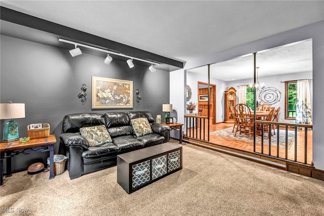 12938 Carter Rd, Leroy, OH 44077 - carpeted living room with track lighting and a chandelier