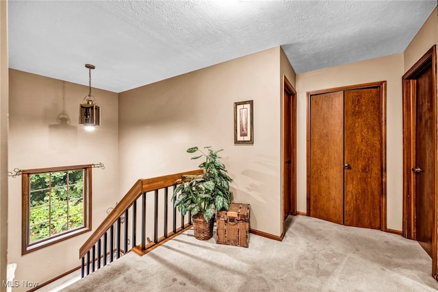 12938 Carter Rd, Leroy, OH 44077 - hall featuring carpet floors, an upstairs landing, and a textured ceiling