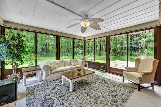 12938 Carter Rd, Leroy, OH 44077 - sunroom / solarium featuring a ceiling fan and an outdoor hangout area