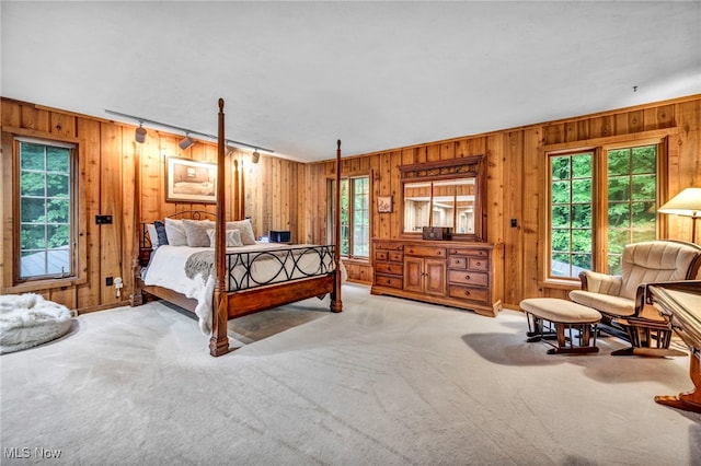 12938 Carter Rd, Leroy, OH 44077 - bedroom with wood walls, carpet flooring, and multiple windows