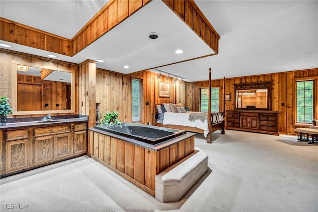 12938 Carter Rd, Leroy, OH 44077 - bedroom featuring wood walls, recessed lighting, and light carpet