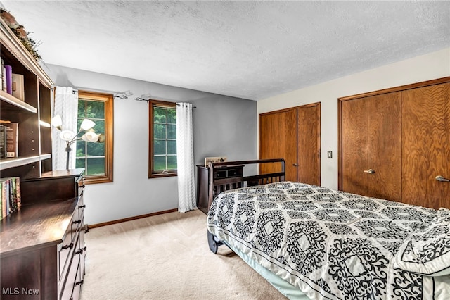 12938 Carter Rd, Leroy, OH 44077 - bedroom with two closets, light carpet, and a textured ceiling
