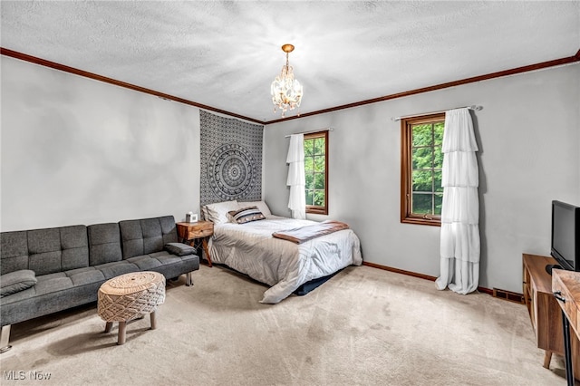 12938 Carter Rd, Leroy, OH 44077 - bedroom featuring crown molding, a chandelier, light carpet, and a textured ceiling