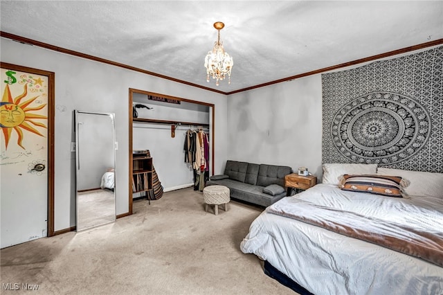 12938 Carter Rd, Leroy, OH 44077 - carpeted bedroom featuring ornamental molding, a chandelier, and a closet
