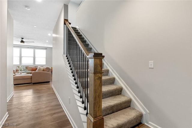 23563 Rebecca Ln, Columbia Station, OH 44028 - stairs featuring a ceiling fan, wood finished floors, and recessed lighting