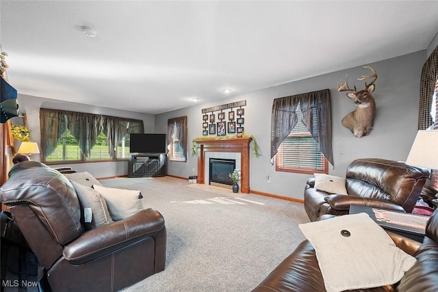 2896 Highview Cir NW, Dellroy, OH 44620 - carpeted living room featuring baseboards and a fireplace with flush hearth