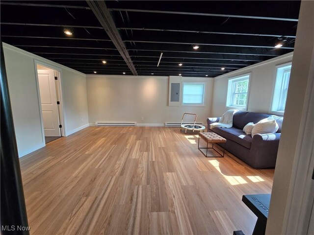 16535 Hosmer Rd, Middlefield, OH 44062 - living room featuring light wood-style floors, electric panel, and baseboard heating