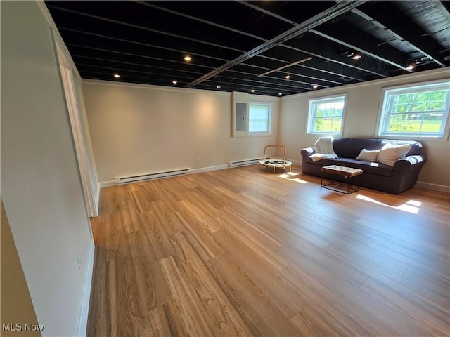 16535 Hosmer Rd, Middlefield, OH 44062 - living area with a baseboard heating unit, light wood-style flooring, and electric panel