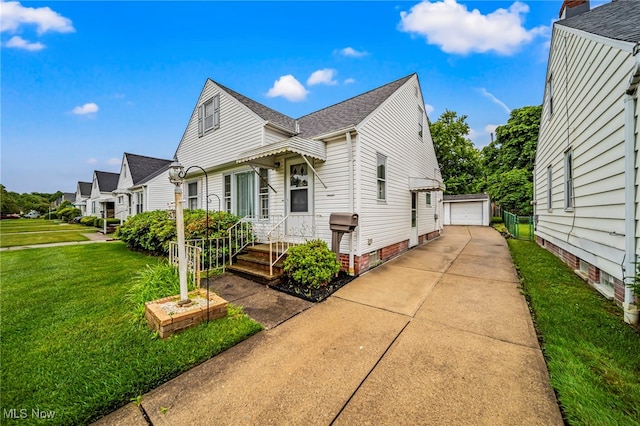 24270 Glenforest Rd, Euclid, OH 44123 - view of front facade featuring a front lawn, an outdoor structure, a shingled roof, a detached garage, and driveway