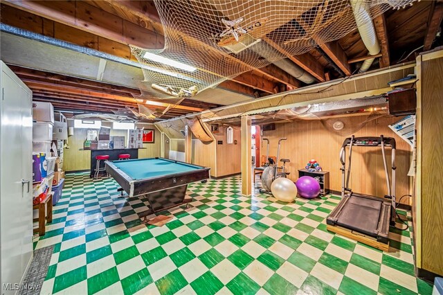 24270 Glenforest Rd, Euclid, OH 44123 - recreation room with tile patterned floors, pool table, and wooden walls