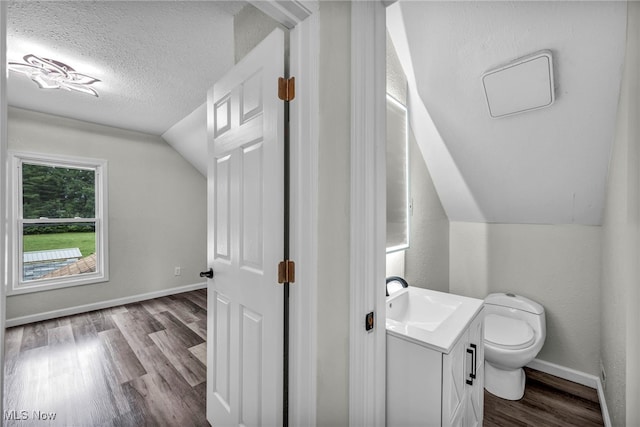 397 Furnace Rd, Conneaut, OH 44030 - half bath featuring lofted ceiling, wood finished floors, vanity, and a textured ceiling