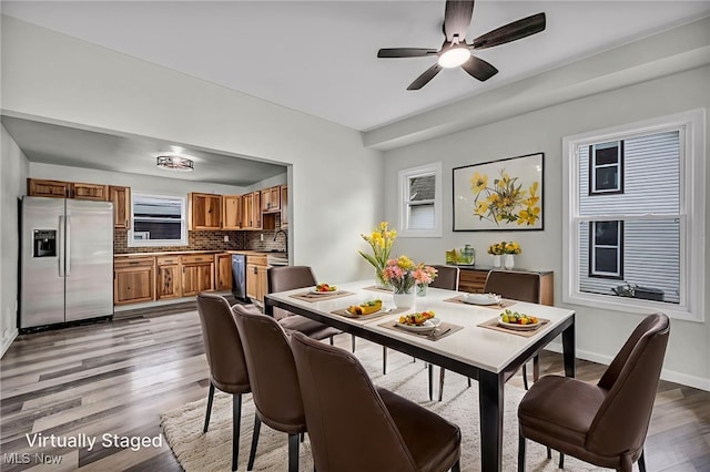397 Furnace Rd, Conneaut, OH 44030 - dining space featuring wood finished floors, plenty of natural light, and ceiling fan