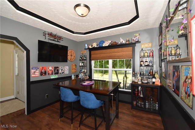 8025 Wadsworth Rd, Wadsworth, OH 44281 - indoor dry bar featuring dark wood-type flooring, a tray ceiling, a textured ceiling, and arched walkways