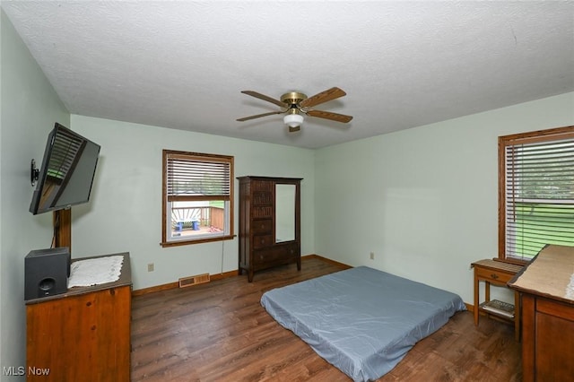 6111 State Route 82, Hiram, OH 44234 - bedroom with multiple windows, dark wood-type flooring, a textured ceiling, and ceiling fan